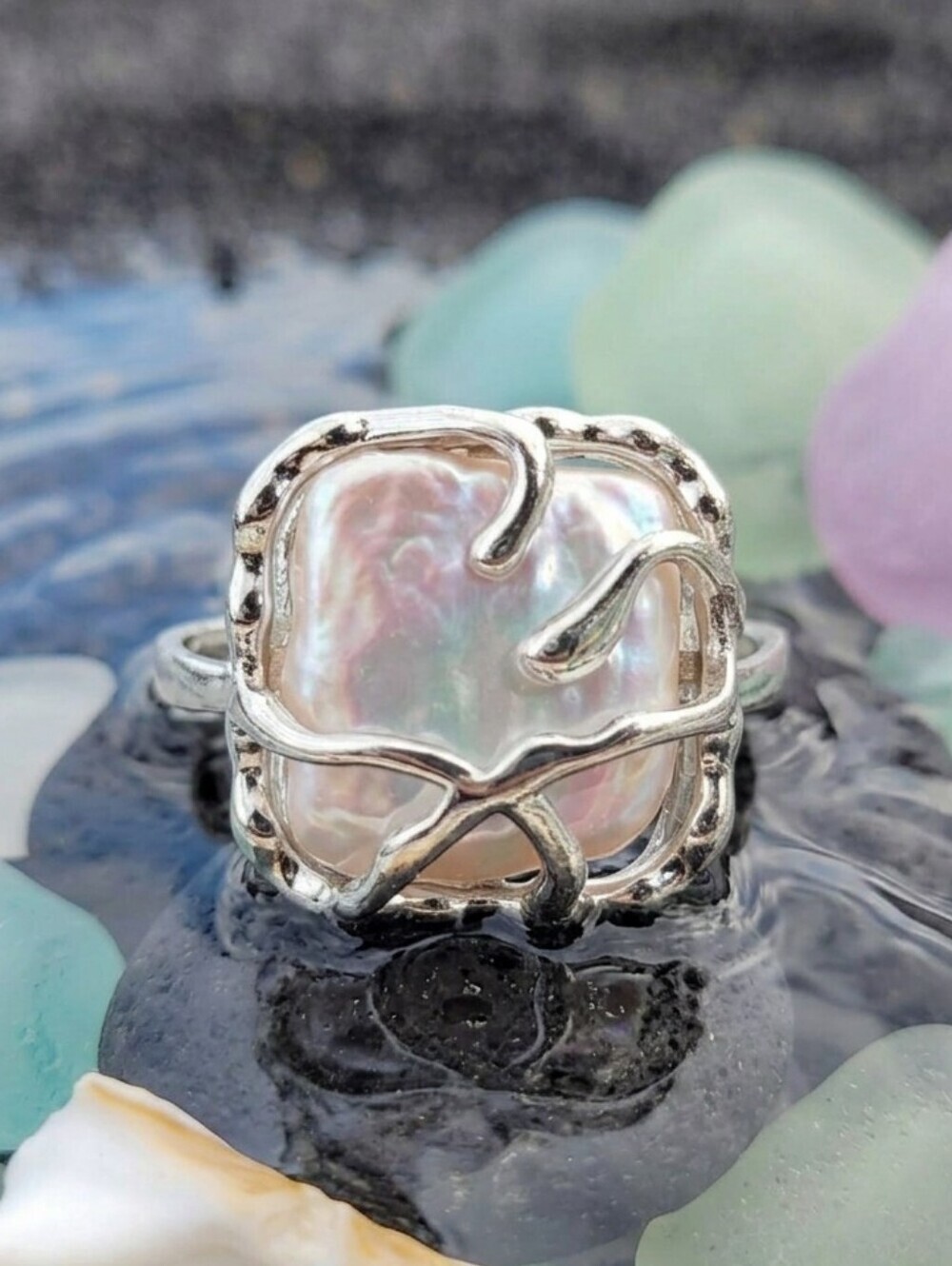 Faux Baroque Pearl Statement Ring Silver Sculptural Adjustable Mermaidcore 6-9